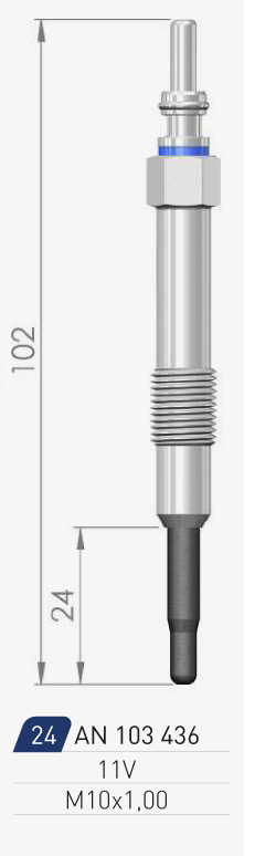 A-N PARTS FIAT Свеча накала (двойная спираль) 11V L=102.5mm 1,9/2,4JTD: Doblo, Punto, Marea 98-; ALFA; OPEL 1,9CDTI 04-